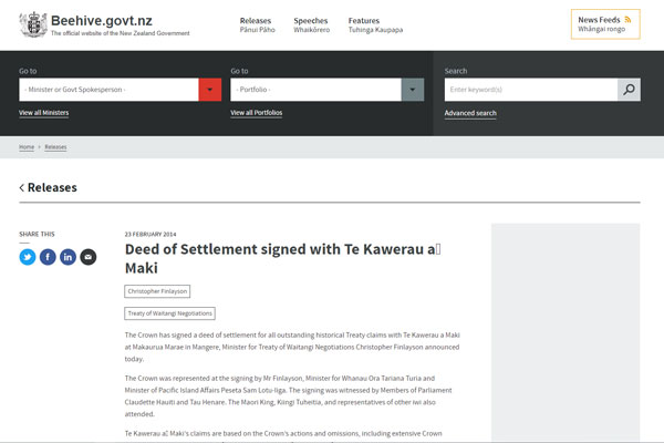 deed of settlement signed with te kawerau